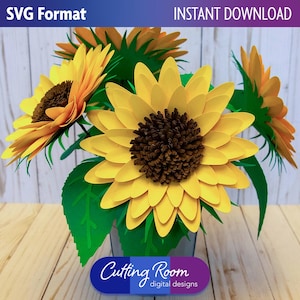 Projet de fichier de fleurs SVG 3D tournesol/décoration de tournesol d'été - téléchargement numérique SVG - seau de fleurs vendu séparément