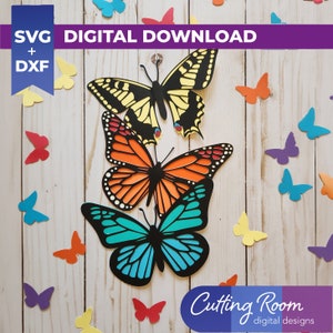 Gelaagd karton 3 vlinderset decoratie - digitale download SVG en DXF