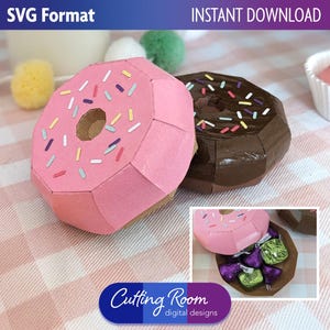Caixa de lembrancinhas de donuts com confeitos DIY SVG - Modelo de caixa de guloseimas para festa de aniversário de um ente querido - Presente de papel com donut redondo 3D - Download digital