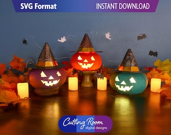 3D Jack O Lantern Luminary SVG Template - Paper Craft Halloween Tealight Holder - Pumpkin with Witch Hat Fall Home Decor - Digital Download