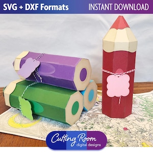 Caixa de presente com lápis de cor 3D faça você mesmo para máquinas de corte eletrônicas - Caixa de presente 3D para agradecimento a professores - Download digital SVG e DXF