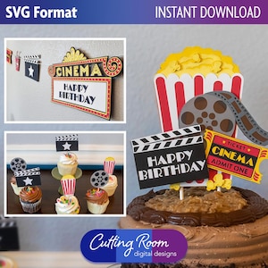 Pacchetto decorazioni per feste cinematografiche: striscione, decorazione per torta, decorazioni per cupcake - Download digitale SVG