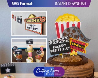 Kino-Party-Dekor-Bundle: Banner, Kuchenstecker, Cupcake Topper - Digital Download SVG