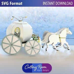 Caixa de presente SVG com carruagem da princesa Cinderela 3D, peça central e decoração para festa - Download digital