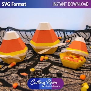 Modello SVG per scatola di caramelle di mais - Decorazione di Halloween in carta 3D - Bomboniere, snack e scatole regalo a basso contenuto di poligoni - Download digitale