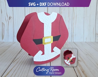 Plantilla SVG y DXF para caja de regalo navideña con forma de traje de Papá Noel - Caja pequeña de papel en capas para dulces, recuerdos y aperitivos navideños - Descarga digital