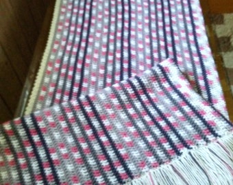 shades of gray with pink/white ombre afghan