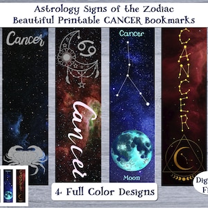 Cancer Zodiac Bookmarks - 4 Full Color Designs Astrological Sign Constellation Planet - Printable Book Marks - Digital File