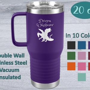 Dragon Travel Tumbler with Handle -  Dragon Whisperer Silhouette  - Large 20oz Stainless Steel Insulated Trips, Work, Gaming - 10 colors
