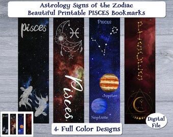 Pisces Zodiac Bookmarks - 4 Full Color Designs Astrological Sign Constellation Planet - Printable Book Marks - Digital File
