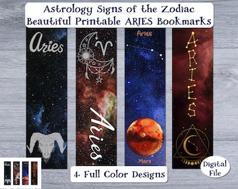 Aries Zodiac Bookmarks - 4 Full Color Designs Astrological Sign Constellation Planet - Printable Book Marks - Digital File