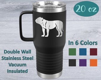 Bulldog Travel Tumbler - Bulldog with Long Tail Travel Mug - 20oz Stainless Steel Insulated Mug with Handle 6 Colors Bulldogge