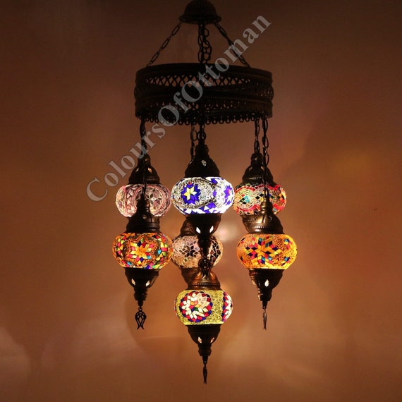 Turkish Handmade Mosaic Hanging Pendant Lights Set Of Ceiling Chandelier Lamps 7 Globes