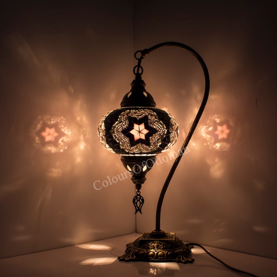 Turkish Handmade Mosaic Lampshade Swan Neck Desk Table Bed Side Antique Brass Colour Lamp Light