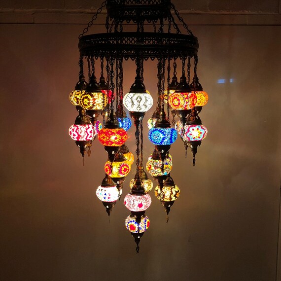 Turkish Handmade Mosaic Hanging Pendant Lights Set Of Ceiling Chandelier Lamps 25 Medium Globes Antique Brass Metal