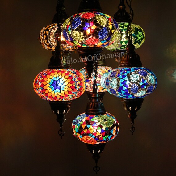 Turkish Handmade Mosaic Hanging Pendant Lights Set Of Ceiling Chandelier Lamps 7 Globes