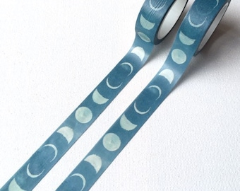 Washi tape with moons. Blue masking tape. Moon print washi tape. Blue washi, 1.5cm washi tape