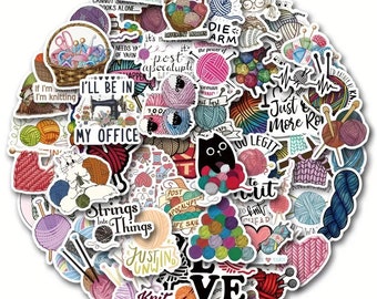 Sticker pack, 60 pieces. Crochet and knitting stickers. Fun stickers for journal etc