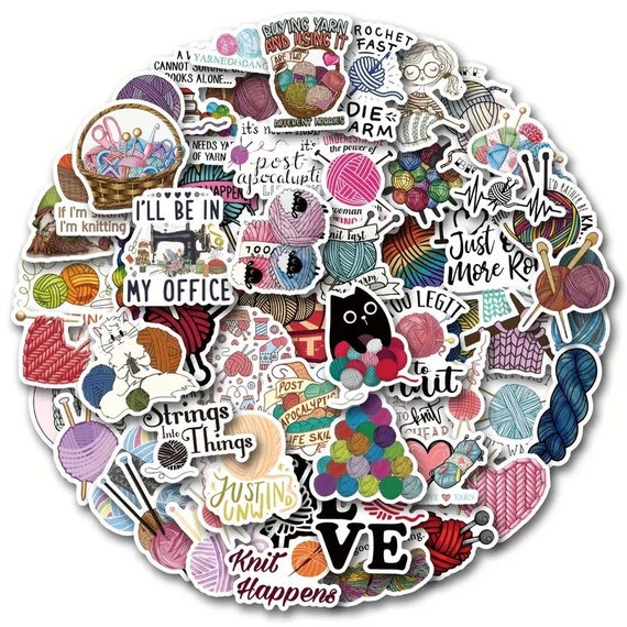 Sticker set met wol, garen, breinaalden en haaknaalden. 60 stickers, laptop stickers, journaling stickers.
