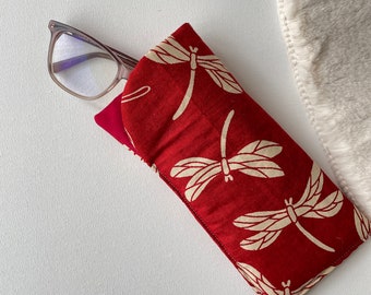 Étui à lunettes. Etui à lunettes rouge. Sac à lunettes avec libellules