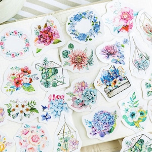 Bloemen stickers, planten stickers, vetplanten stickertjes, journal notebook scrapbooking stickers. 46 stuks