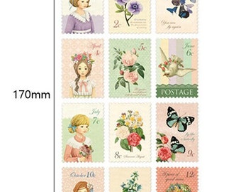 Postzegel stickers met meisjes en bloemen