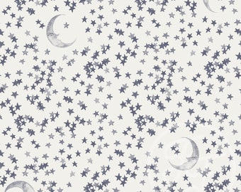 Witte tricot stof met blauwe sterren en maan. Sterren tricot