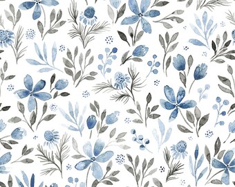 White jersey fabric with twigs and blue flowers. Oeko-tex standard. watercolour flower fabric