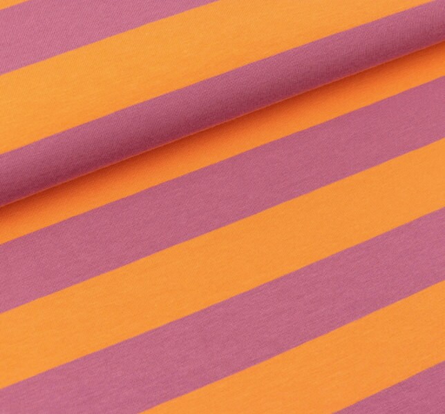 Tricot stof met oranje en paarse strepen
