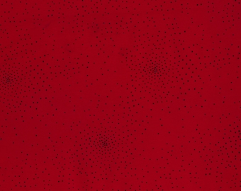 Peut inclure: Un tissu sans couture avec un fond rouge profond. Le tissu est recouvert de petits points noirs densément regroupés en plusieurs zones, créant un motif ressemblant à des constellations ou des amas d'étoiles.