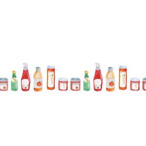 Bottiglie di nastro washi. Ketchup washi, salsa di pomodoro washi, nastro washi bianco con barattoli di vetro