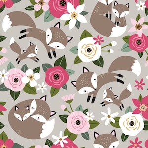 Grey french terry fabric with foxes and pink flowers. Oeko-tex standard. flower fabric, foxes fabric
