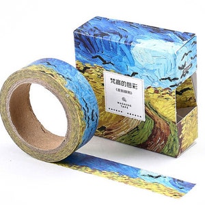 Washi tape met Vincent van Gogh schilderij. Lucht, veld, weggetje, tape, geel en blauw