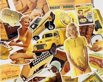 Gele sticker set, retro stickers, 23 stickers