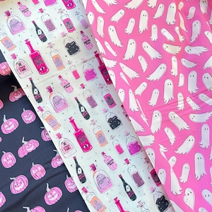 Cotton with Halloween patterns. Art Gallery Fabrics. Pumpkins, potions, ghosts, candy. Woven fabric, quilt fabric