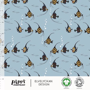 Organic jersey fabric with fish. Elvelyckan Pippi fish, organic cotton. Blue fabric Sky blue (021)
