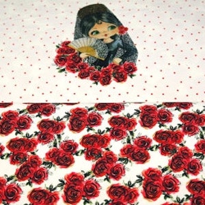 White jersey fabric with roses and flamenco dancer. Digital border print. Oeko-tex standard. Panel fabric