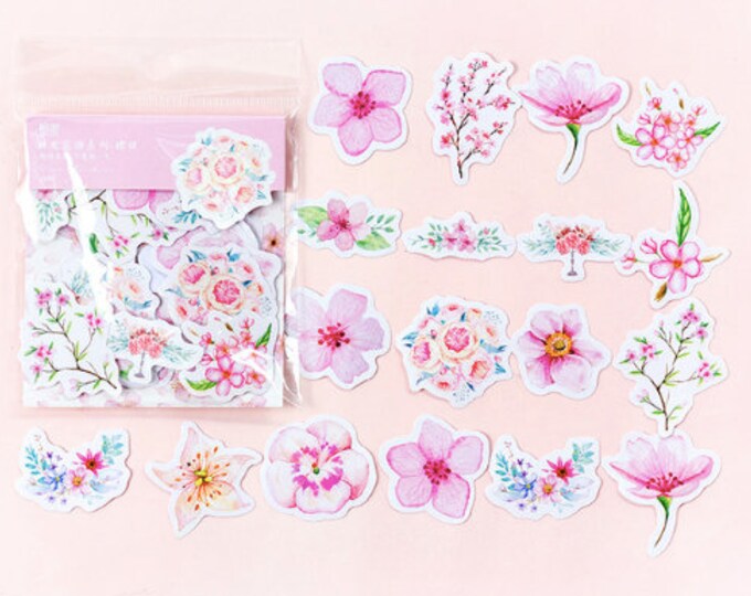 Bloemen stickers, roze bloemetjes stickers, kawaii stickertjes, journal notebook scrapbooking stickers. 45 stuks