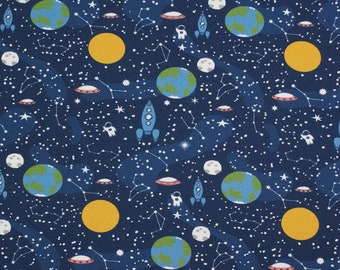 Donker blauwe joggingstof met planeten, sterren en raketten