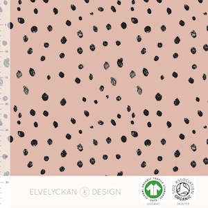 Organic jersey fabric with black dots. Elvelyckan Pippi Dots (009), organic cotton