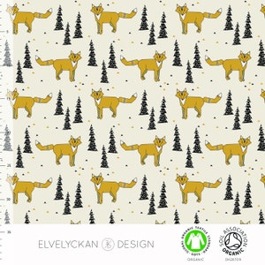 Organic interlock jersey with foxes. Elvelyckan Fox - Gold (017), organic cotton.