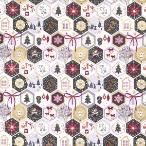 Cotton with Christmas decorations, Christmas trees and presents. Woven fabric with gold print