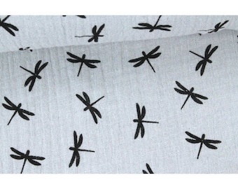 White cotton with dragonflies. Double gauze, muslin. Woven fabric