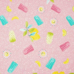 Pink jersey fabric with lemons and popsicles. Oeko-tex standard