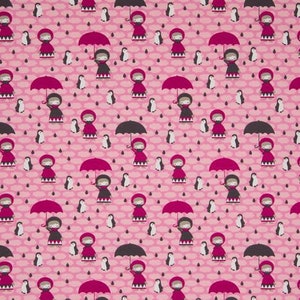 Pink jersey fabric with penguins, girls and umbrellas. Clouds fabric. Oekotex