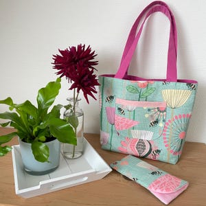 Handbag with flowers and bees. Green and pink bag, Top handle bag