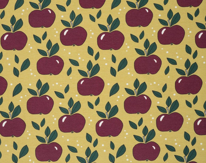 Biologische tricot stof met appels. Elvelyckan Apples Gold