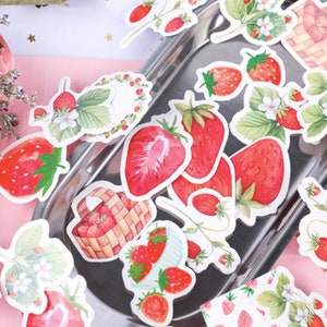 Autocollants fraises, autocollants fruits, autocollants fraises, autocollants scrapbooking pour carnet de notes. 45 autocollants d'été