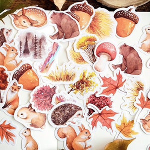 Adesivos de cogumelos, adesivos de outono, adesivos de plantas, adesivos de esquilo, veados, adesivos de scrapbooking para caderno de diário. 46 peças