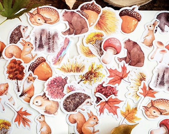 Op de afbeelding: Een set aquarel stickers met bosdieren, paddenstoelen, eikels en bladeren. De stickers zijn op een witte achtergrond en perfect om een ​​natuurlijke touch toe te voegen aan je knutselwerk en projecten.